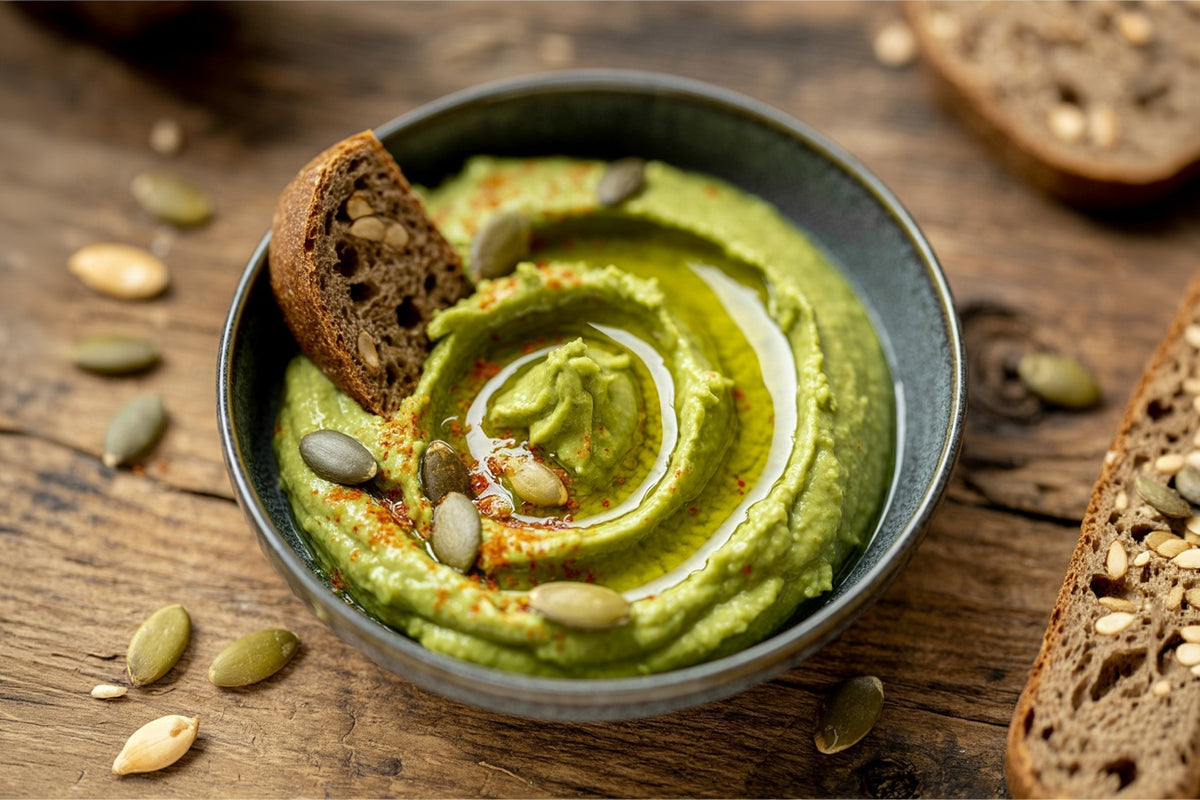 Creamy Hummus, Avocado & Oliváki Dip