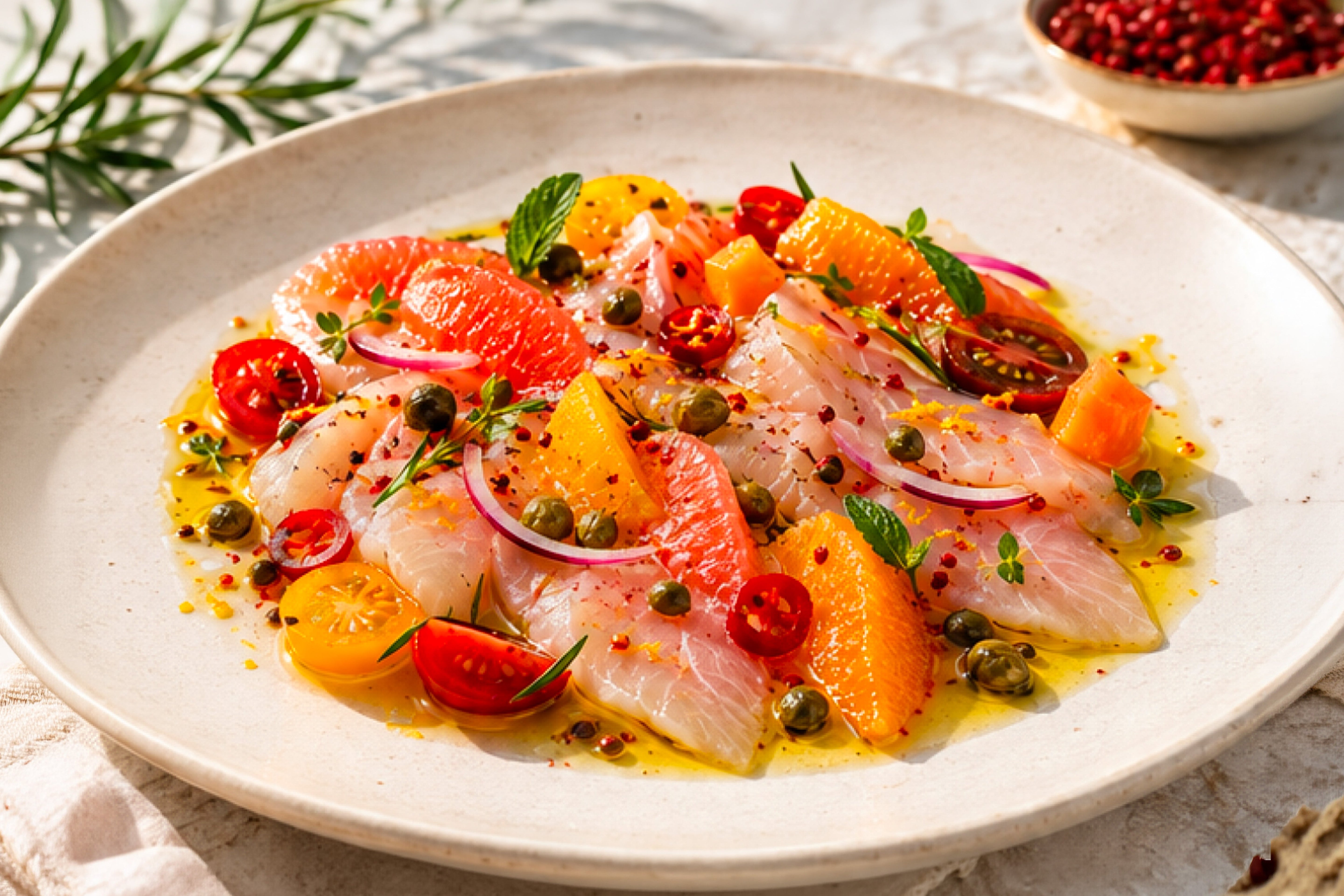 Sea Bass Ceviche with Pear, Grapefruit & Oliváki