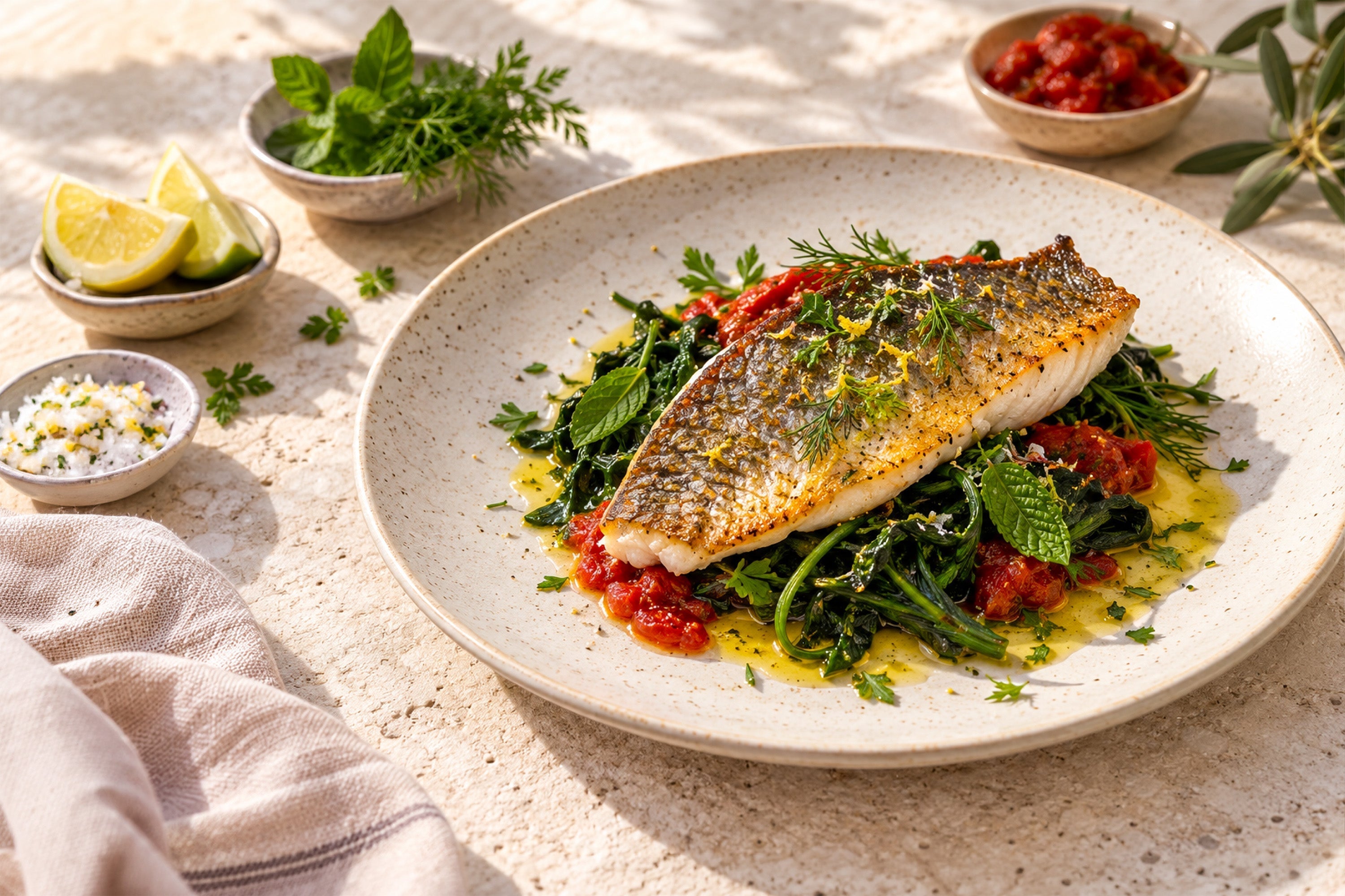 Sea Bass with Stamnagathi & Oliváki