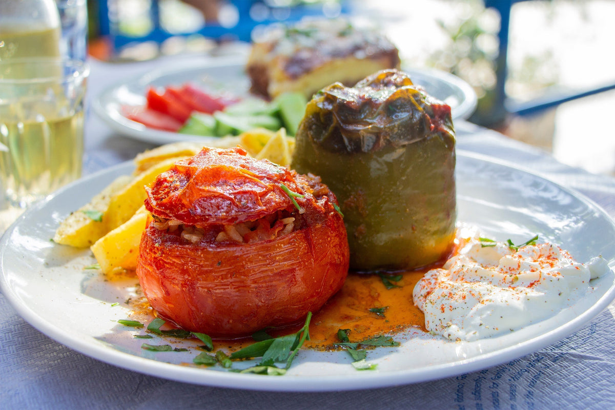 Stuffed Peppers & Tomatoes with Oliváki, Herbs & Feta