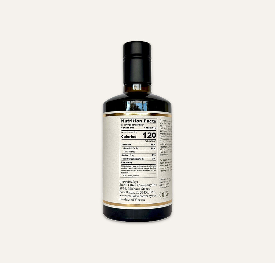 Nutrition facts label on a bottle of Oliváki Greek Extra Virgin Olive Oil by Small Olive