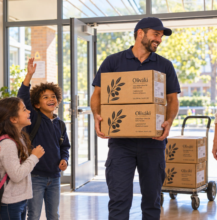 Delivery man holding boxes of Oliváki extra virgin olive oil greeting two children.