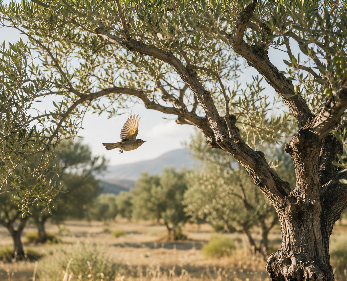 A small bird in flight through the branches of an old olive tree in a sunlit grove.