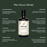 Oliváki Early Harvest Extra Virgin Olive Oil bottle with product benefits on dark green background
