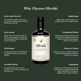 Oliváki Early Harvest Extra Virgin Olive Oil bottle with product benefits on dark green background