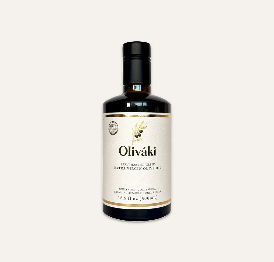 Oliváki Early Harvest Greek Extra Virgin Olive Oil in a dark glass bottle.