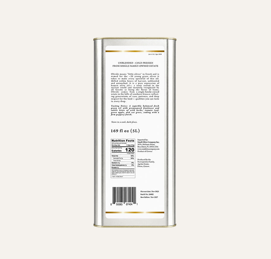 Back label of Oliváki Greek Extra Virgin Olive Oil tin showing nutritional facts and description.