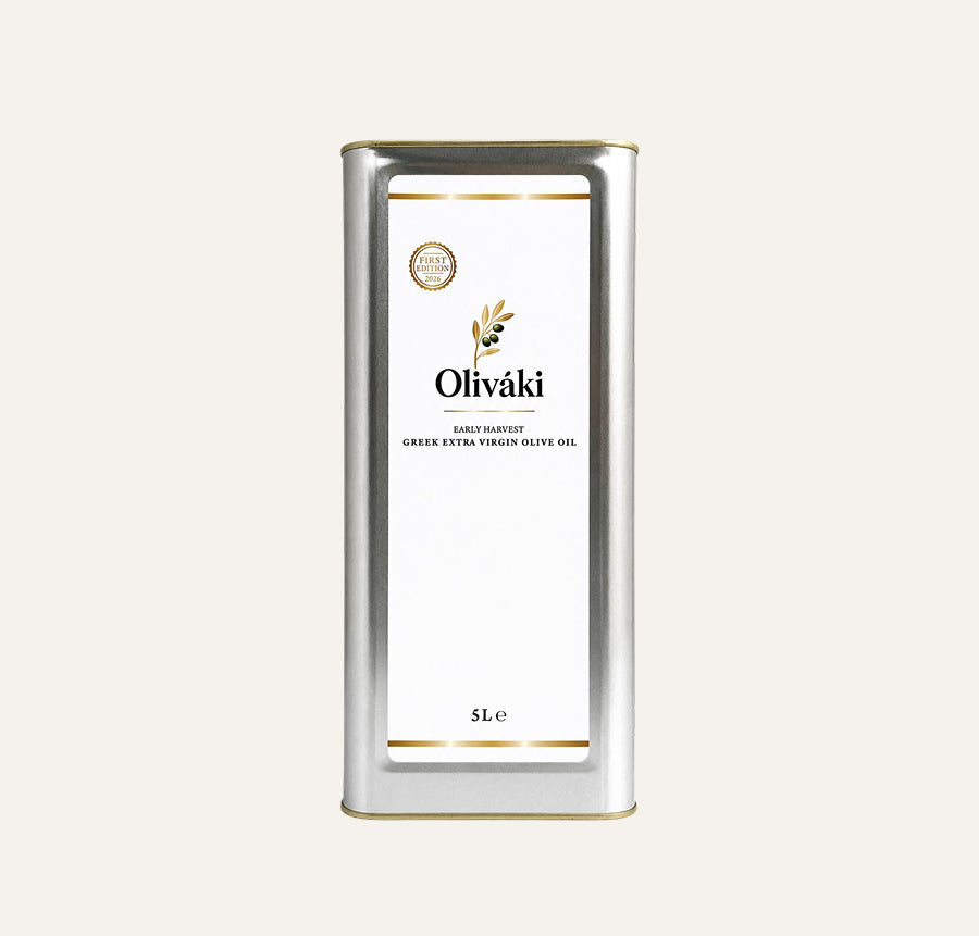 Oliváki Early Harvest Greek Extra Virgin Olive Oil in a 5L silver tin container.
