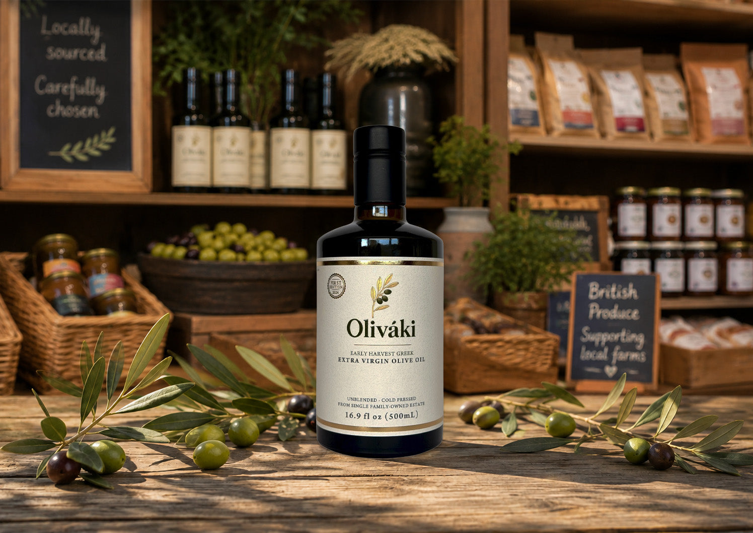 A bottle of Oliváki Early Harvest Greek Extra Virgin Olive Oil on a rustic wooden table.