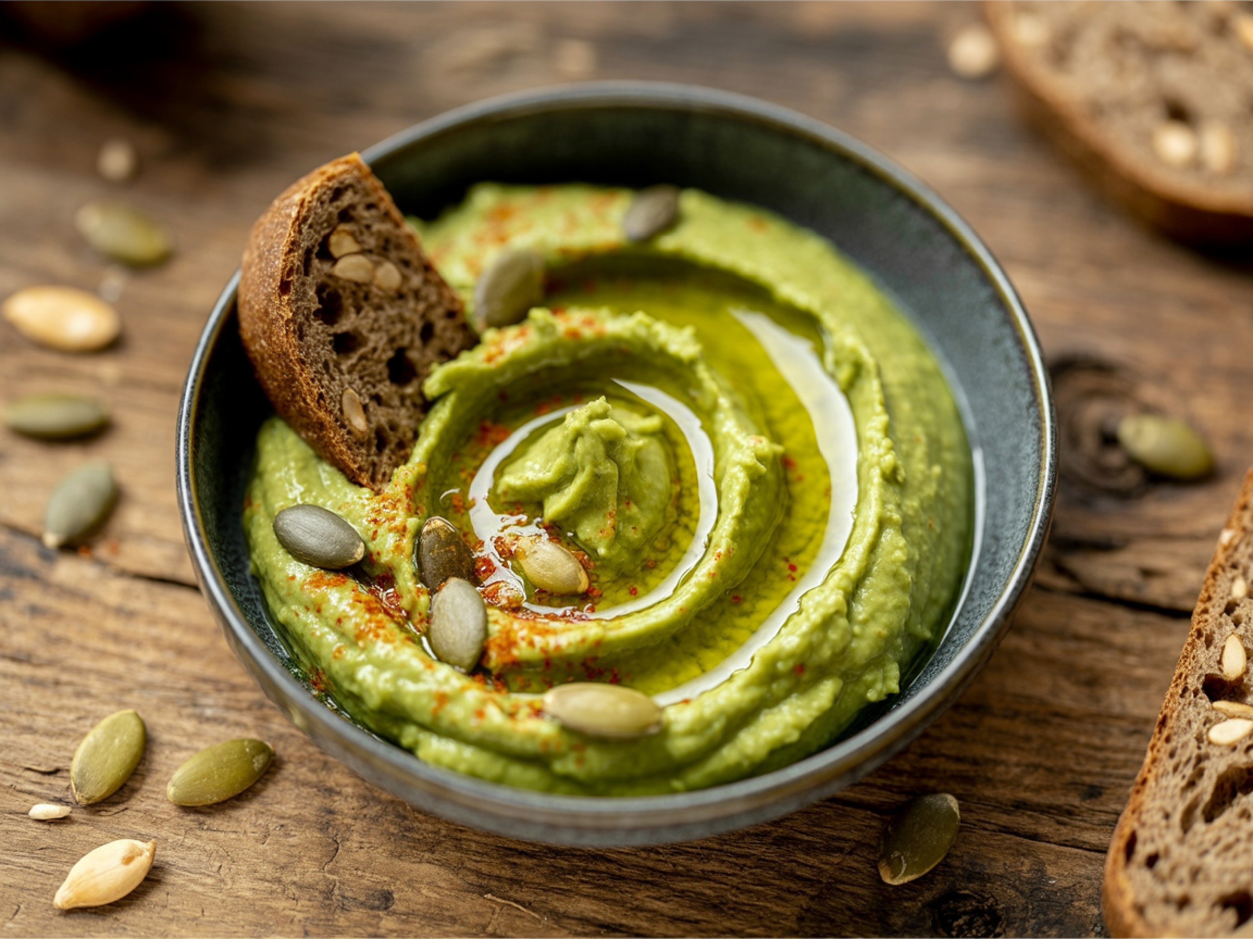 Green pea or avocado hummus in a bowl topped with olive oil, spices, and seeds with bread.